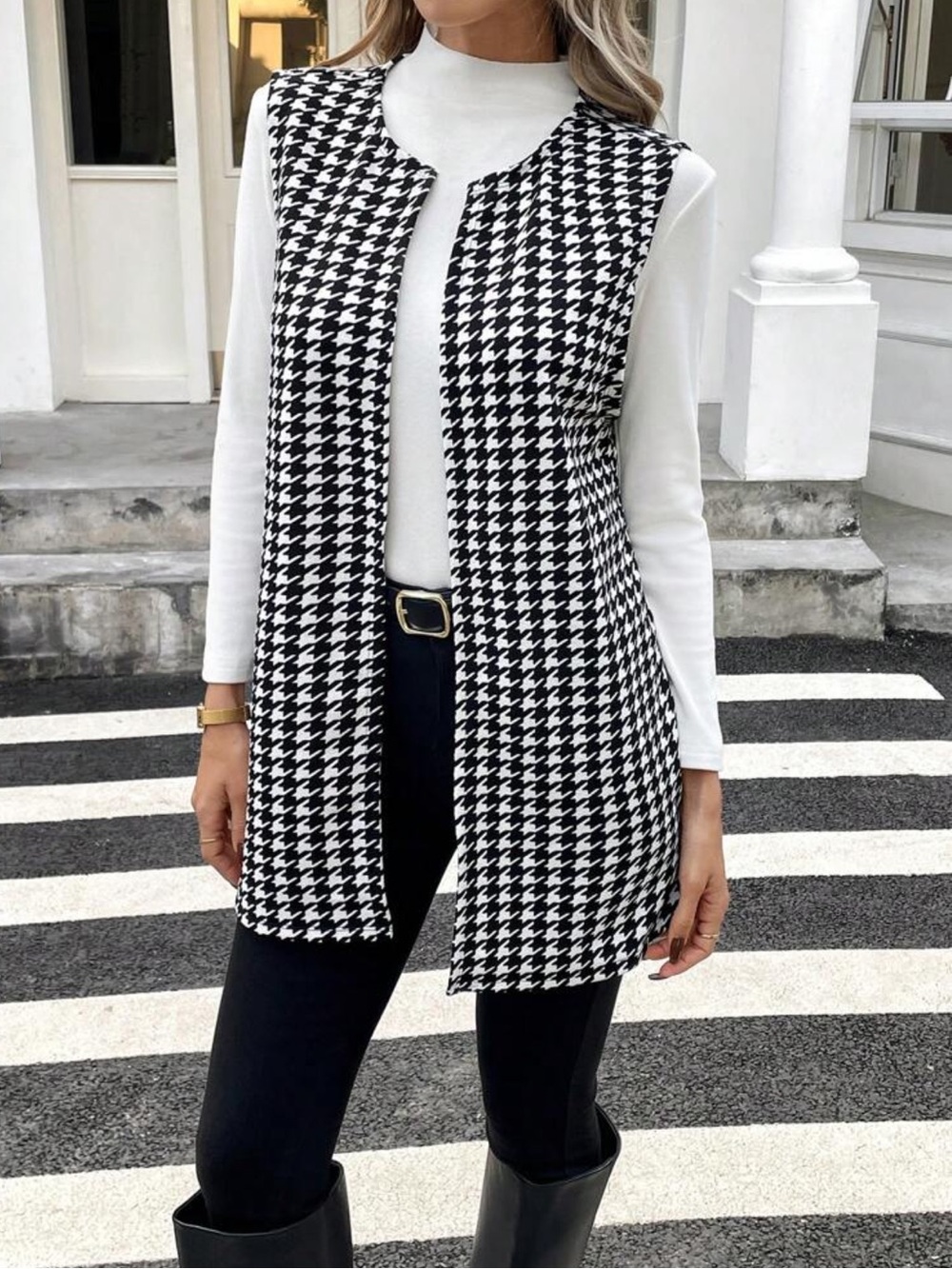 Women’s Houndstooth Sleeveless Round Neck Mid-Length Open Front Vest Jacket- 3XL